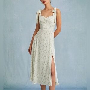 Rihoas Light Green Satin Floral Tie Strap Slit Midi Dress